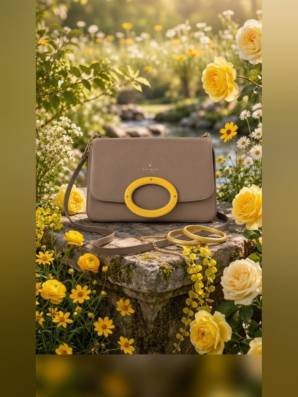 Kate Spade Taupe Leather Crossbody with Yellow Accent